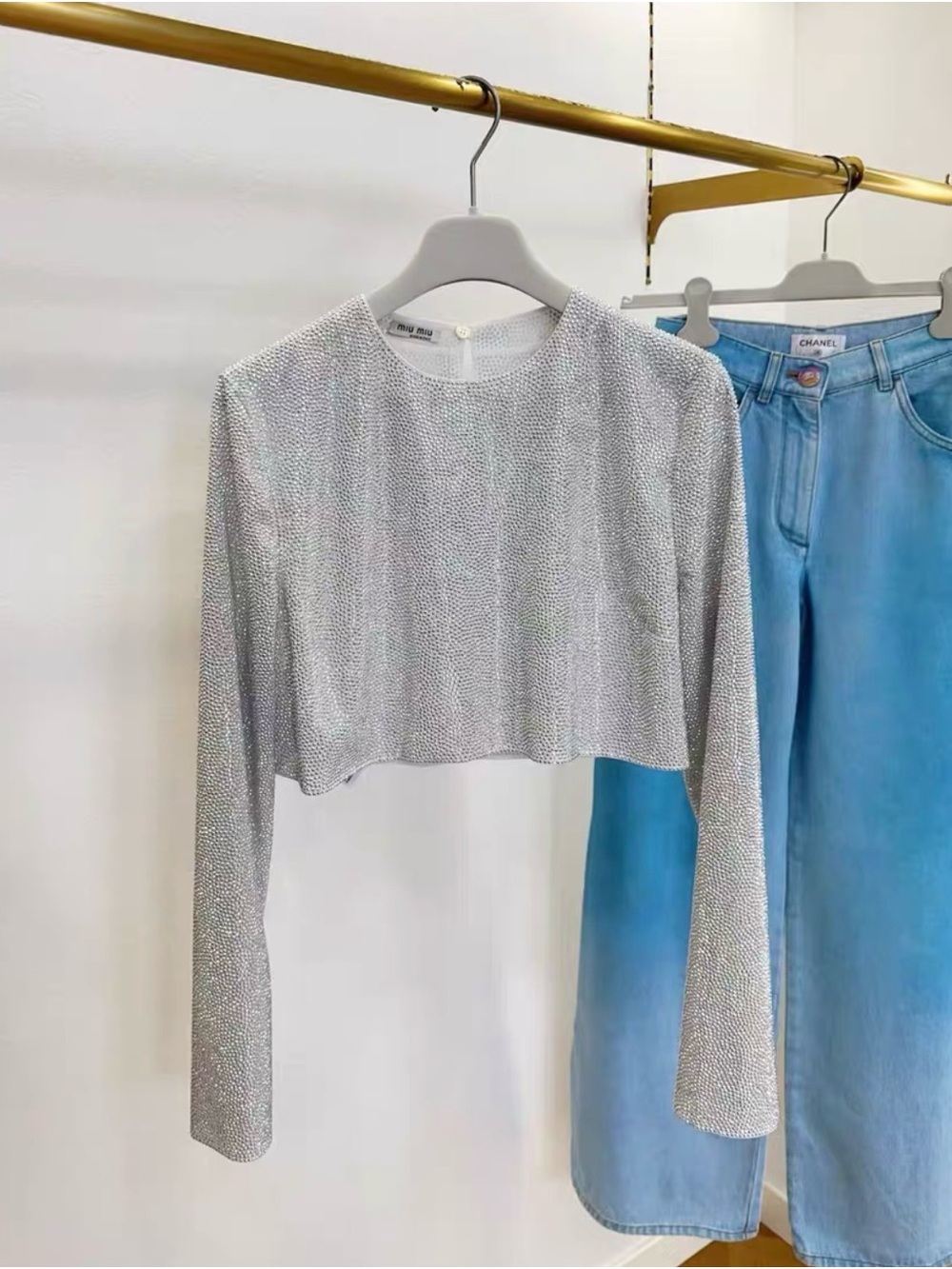 Miu Miu Silver Cropped Long-Sleeve Top